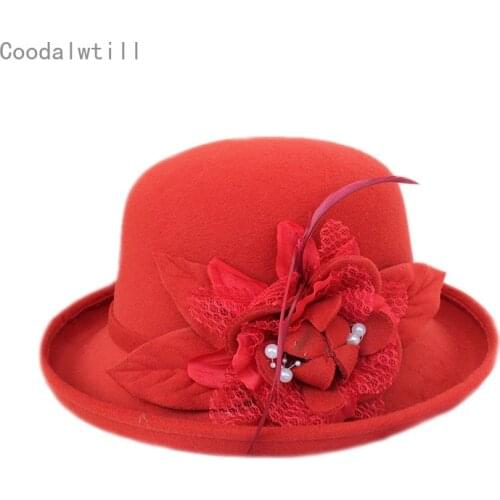 Women Black Wide Brim Wool Felt Fedora Hats Cloche Vintage Bowler Hat Church Formal Cap Ladies Winter Autumn Fedoras