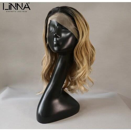 LINNA Natural Wavy Body Synthetic Lace Front Wig Ombre Brown Blonde Cosplay Wigs For Women 12 Inch High Temperature Fiber Wigs