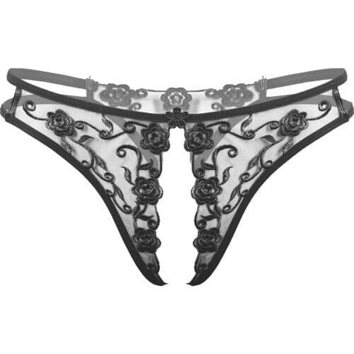 Men Open Crotch G-string Flower Embroidery Crotchless Briefs Sexy Lingerie Underwear Low Waist See-Through Thongs Underpants