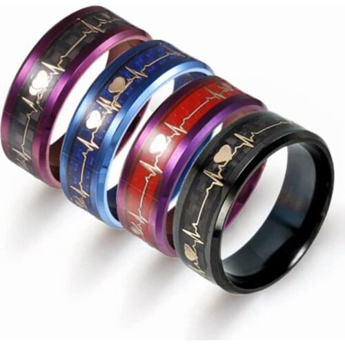 2020 Fashion Trend Blue Red Black Carbon Fiber ECG Titanium Steel Men And Women Couple Wedding Ring Gift