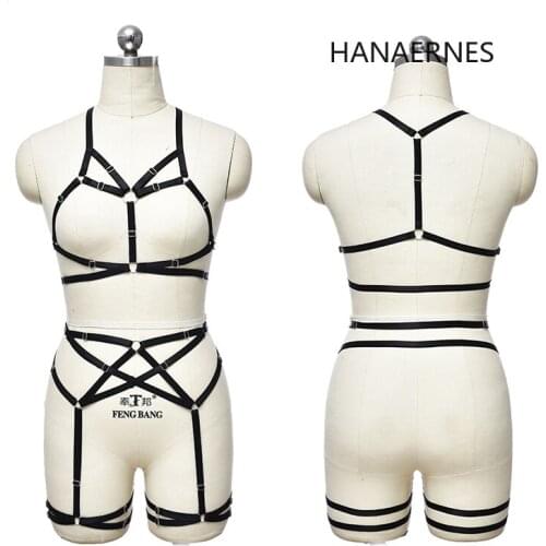 New Sexy Lingerie Gothic Black Body Harness Caged Bra Crop Top Strappy Female Gothic Punk Hollow Out Adjustable Underwear Set