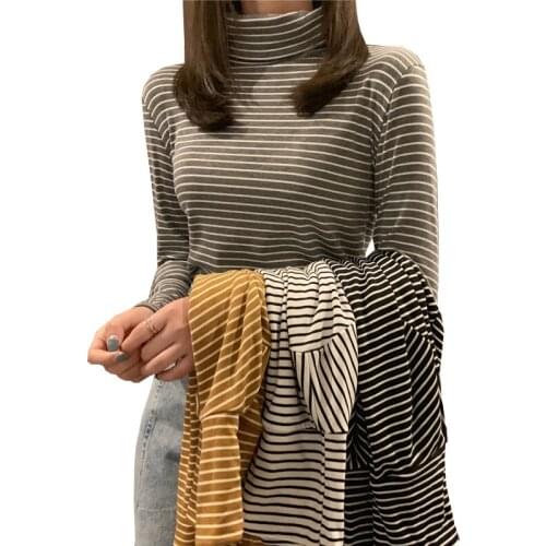 Autumn Turtleneck Stripe T Shirt Women Cotton Winter Plus Velvet Thick Tshirt Long Sleeve T-Shirt Cotton Tee Shirt Femme Tops