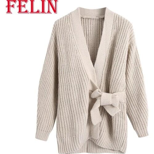 Za 2021 Chic Oversized Women Knit Coat V Neck Cardigan Fashion Autumn Cream Color Bow Vintage Sweater Ribbed Loose Outwear Mujer