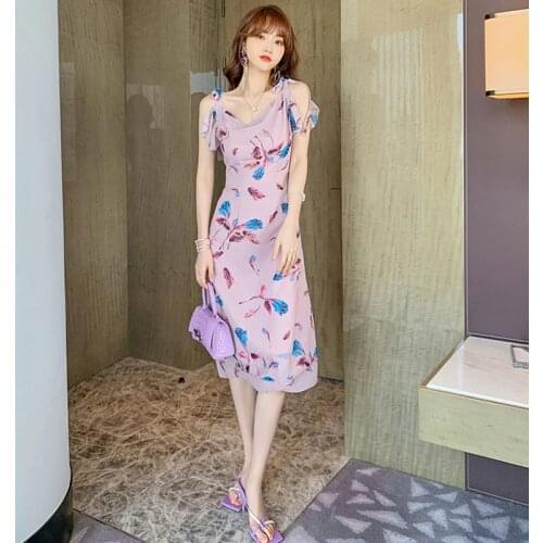 Fashion Summer Korean Coffee Break Vintage Sexy Strap Midi Party Dress Ladies OL Elegant Robe Swinging Collar Print Beach Dress