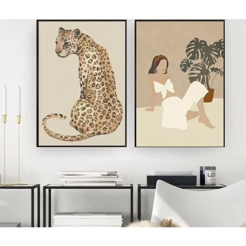 Boho Woman Cheetah Posters and Prints Canvas Painting Leopard Animal Wall Art Picture for Living Room Nordic Style Home Decor
