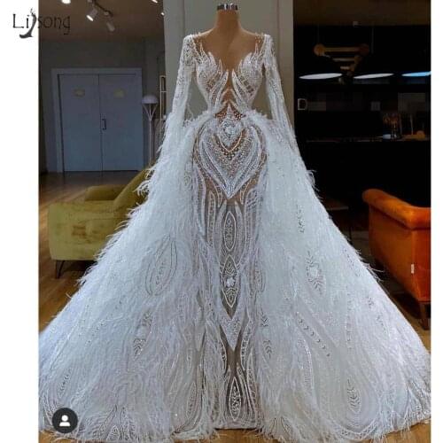 Real Image Luxury Lace Feather Mermaid Wedding Dresses With Detachable Train Modest Full Sleeves Bridal Gowns Robe De Soiree