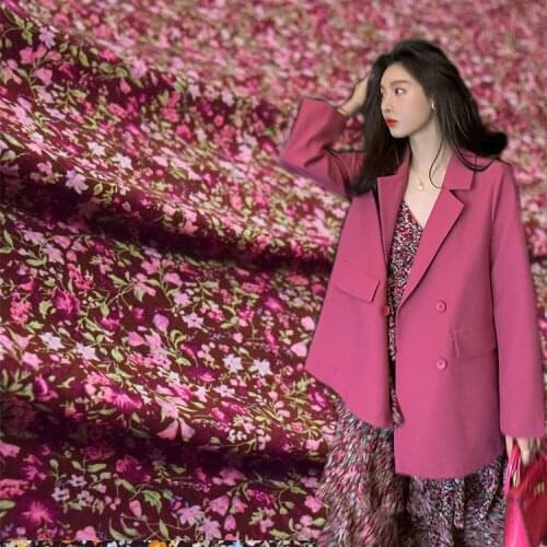 50*150cm Fashion Sexy Fuchsia Small Floral Korean Silk Chiffon Fabric Dress Sling Womens Handmade DIY Fabric