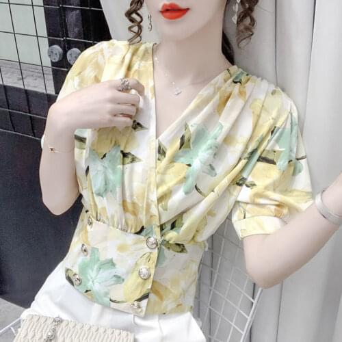 Printed chiffon shirt womens summer new style V-neck waist slimming puff sleeves Western style all-match fashion