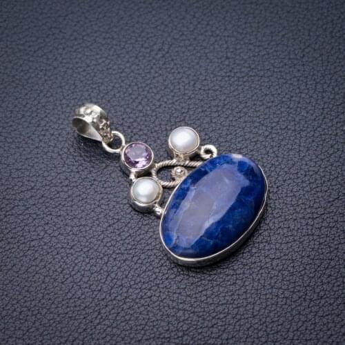 StarGems Natural Sodalite,River Pearl And Amethyst Handmade 925 Sterling Silver Pendant 1.5" E0328