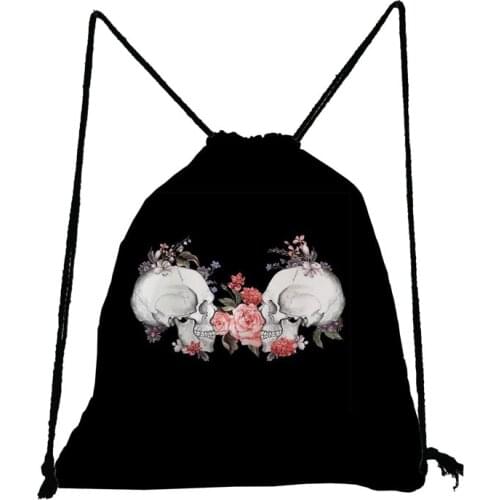 Halloween Skull Drawstring Bags Gift Unisex Backpack Reusable Women Storage Bag Floral Printed Child Book Bag Black Shoe Pocket