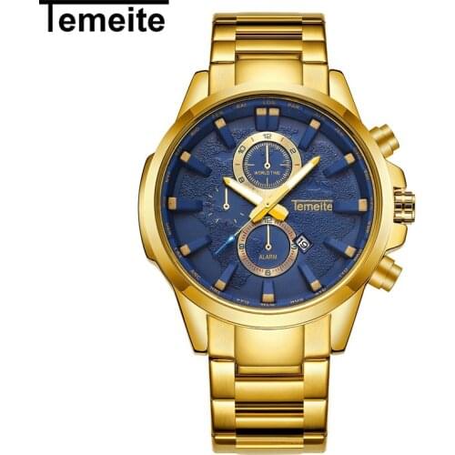 TEMEITE Top Brand Luxury Quartz Watch Men Blue Dial Date Display Stainless Steel Strap Fashion Dress Wrist Watches for Man 2019
