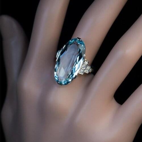 Vintage Bridal Oval Zircon Engagement Ring Luxury Female Aqua Blue Crystal Ring Charm Silver Color Thin Wedding Rings For Women