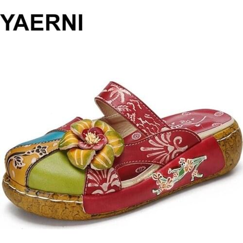 YAERNI Handmade Slides Genuine Leather Flower Women Slippers Platform Wedge Clog Flip Flops Summer Shoes Woman E501