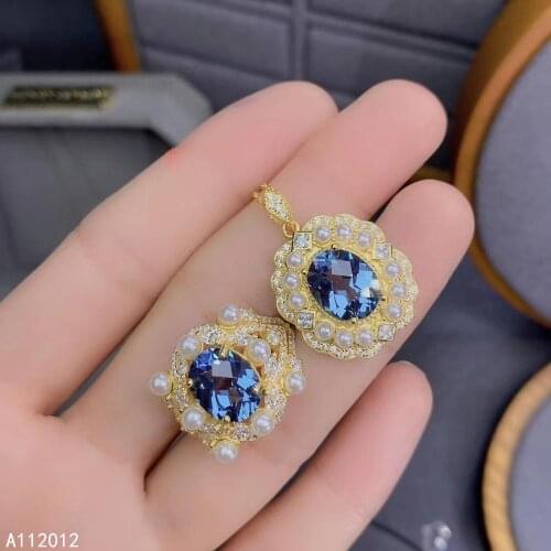 KJJEAXCMY fine jewelry natural blue topaz 925 sterling silver fashion girl new pendant necklace ring set support test with box