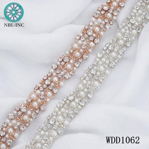 10 yards) Wholesale rhinestone pearl applique trim iron on sew on for wedding dress WDD1062