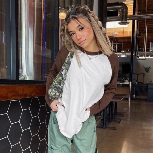 2021 New Street Vintage Patchwork Women T-shirt Simple Color Block Long Sleeve Loose Pullover Tops Autumn Spring Casual Tee