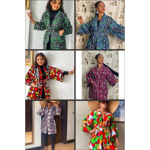 European and American Autumn Print Stitching Belt Pocket Kimono Jacket Womens Clothing African Women Fashion Cardigan Coat
