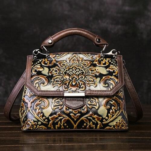 Luxury Genuine Leather Womens Head Layer Cowhide Vintage Embossed Hand-polished One-shoulder Diagonal Handbag