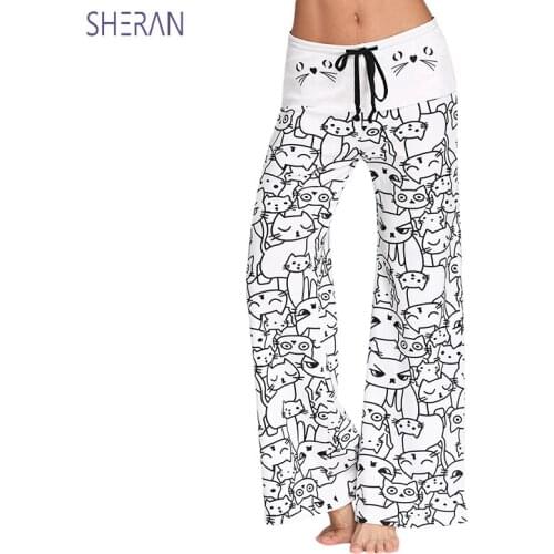 2018 New Drawstring Women Long Pants Mid Waist 3D Cartoon Cat Wide-Leg Pants Casual Summer Trousers Womens Pantalon Large Femme