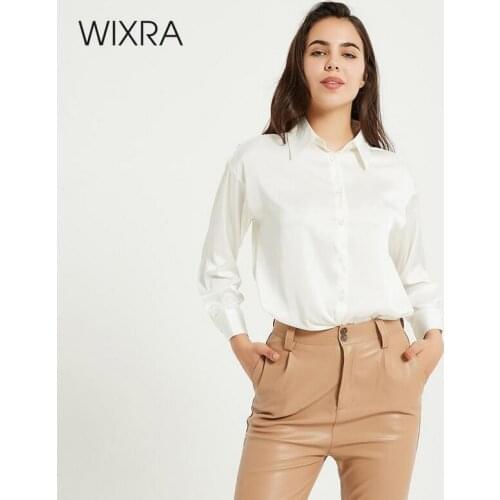 Wixra Womens Solid Blouses Loose Stylish Satin Tops Turn-Down Collar Casual Streetwear Shirts For Female Summer Autumn