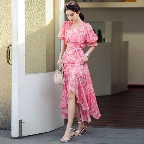 Vintage Puff Sleeve Short Top Sweet Women Ruffle High Waist Long Skirt V-Neck Belt Shirt Blouse Pink Print Elegant 2 Pieces Set