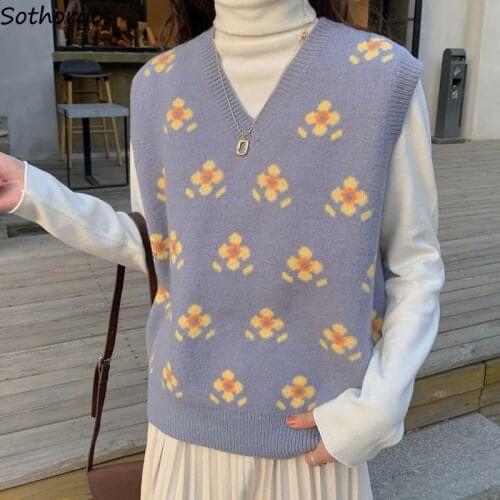 Flowers Warm Sweater Vests Women Sweet Cute Elegant Jacquard Loose V-neck Sleeveless Knitwear Classic Daily Jumpers Tender Chic