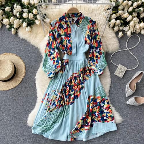 Luxury Europe Style Spring Autumn Women 3/4 Sleeves Retro Floral Print A Line Dress High Street Ladies Party Dresses Vestido