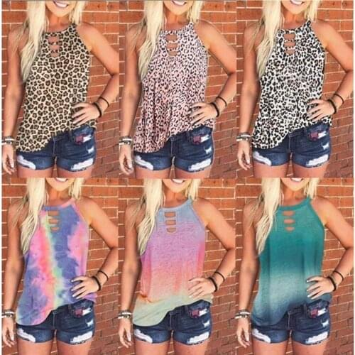 Round neck tie-dye leopard print vest T-shirt womens summer beach seaside womens top sleeveless vest 2021