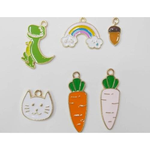 Cute Mixed 10pcs Enamel Cartoon bunny dinosaur carrot flower Charms Pendants DIY Handmade Neacklace Bracelet Jewelry Making Acce