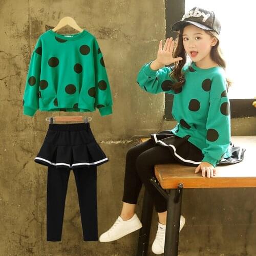 2020 Autumn Leisure Children Clothes Girls Sportswear Long Sleeve Dots Top+Leggings Two-Piece Sets Kids Winter Suits 4-12 Years