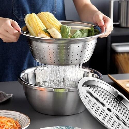 3Pcs/Set Multifunctional Kitchen Graters Vegetables Fruits Grater Cutter Stainless Steel Drain Basin Kitchen Accessories