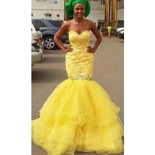 Africa New Lace Yellow Prom Dresses Sweetheart Beads South Africa Mermaid Evening Gowns Dress Vestidos De Party Gown