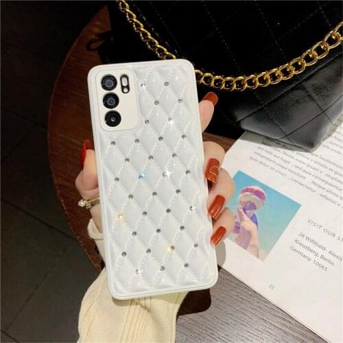 Shiny Diamond Check Phone Case For OPPO Reno 6 Candy Color Diamond Pattern Hard PC Soft Bumper Full Protection Back Cover