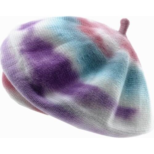 BPP Winter Beret Hat For Women Artist Tie-Dyed Wool Cotton Wild Knitted Hat Elegant Fashion Beanie Cap Beret Warm Hat Unisex