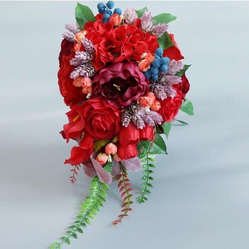 Water droplets Bouquet Mariage Wedding Bride Holding Flower Romantic Red Flowers Bridal Rose Bridesmaid Party Accessories