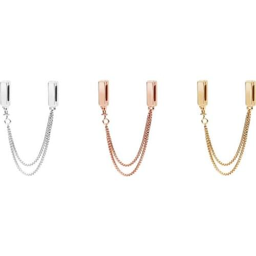 Original Real 925 Sterling Silver Beads Charm Clips Safety Chain Beads Reflection Fit Pan Bracelet For Women DIY Jewelry