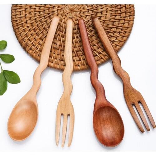 Wavy Shape Wooden Spoon Forks Portable Travel Tableware Restaurant Dessert Cake Flatware Kitchen Dinnerware