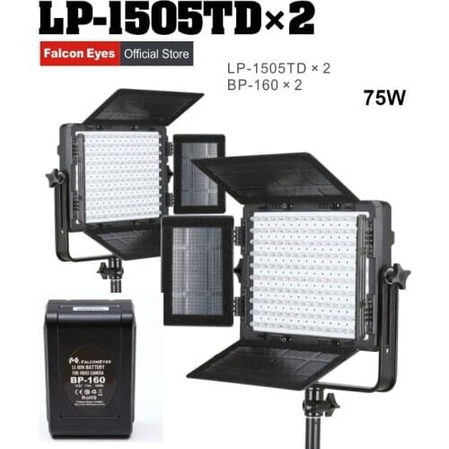 Falcon Eyes 2pcs LED Photography Video Panel Light 75W Bi-color Studio/Movie/Film Lighting LP-1505TD with 2pcs BP-160 Battery