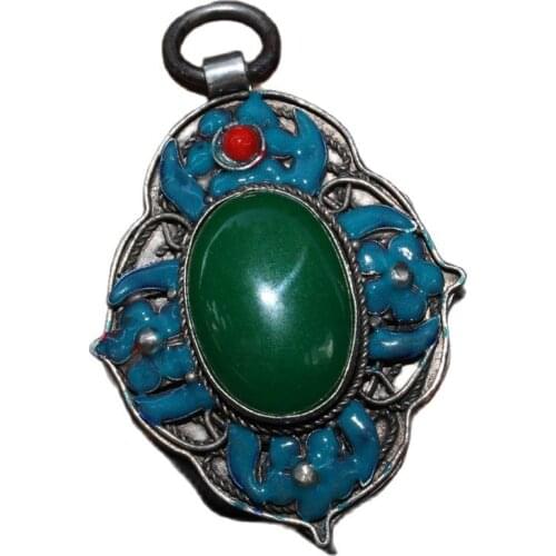 China Old Tibetan Silver Emerald Inlaid Cloisonne Silk Cutting Quartet Pendant