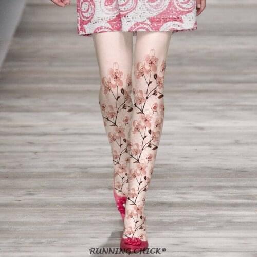 Beautiful Peach Branches Printed Pantyhose Velvet Backing Socks