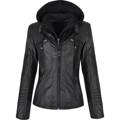Women Motorcycle Leather Jacket Autumn Faux Leather Plus Size Woman Streetwear Gothic Zipper Hooded Female PU Leather Jacket