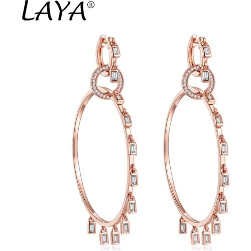 LAYA 70MM Long Real Silver Hoop Earring T-Square CZ Jewelry 925 Sterling Silver Large Circle Earrings For Night Bar Party