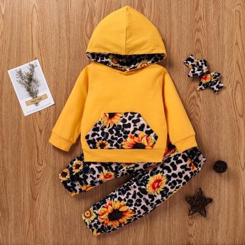 Fashion Clothes Kids Girl Clothes Outfits 3 Piece Sunflower Leopard Ptint Long Sleeve Hoodies Sweater Tops+trousers+bow Headband