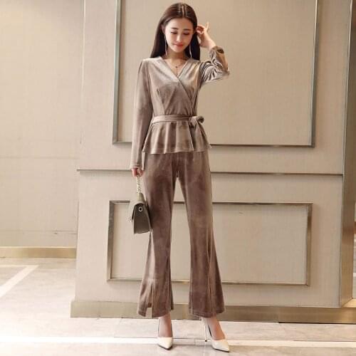Fashion Casual 2 piece sets Womens Business career suit Gold velvet Pants suit Women Gold velvet Long sleeve Tops+ pants Sets