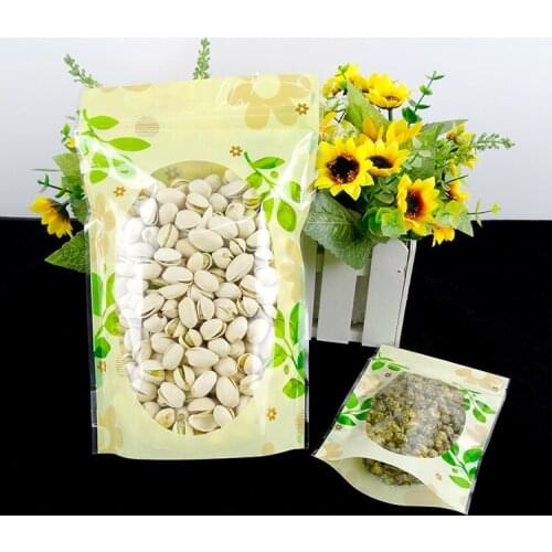 4.7''x7.9'' (12x20cm) Valve Zipper PE Stand Up Green Leaf Packing Pouch W/ Clear Window For Coffee Food Storage Plastic Pack Bag