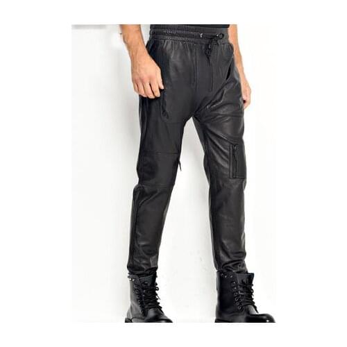 Mens Leather Pants Moto&Biker Punk Rock Pants Loose Sheepskin Leather Trousers WZS003
