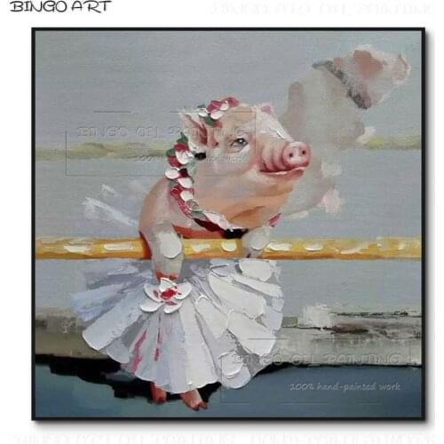 Low Price Hand-painted High Quality Modern Animal Lovely Pig Oil Paining on Canvas Cute Animal Pig Girl with Dress Oil Painting
