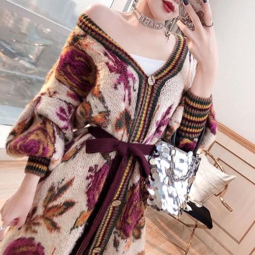 Autumn Winter Casual Long Cardigans Women Vintage Patterns Knitting Belted Long Sleeve Sweater Cardigans Wool Outerwear