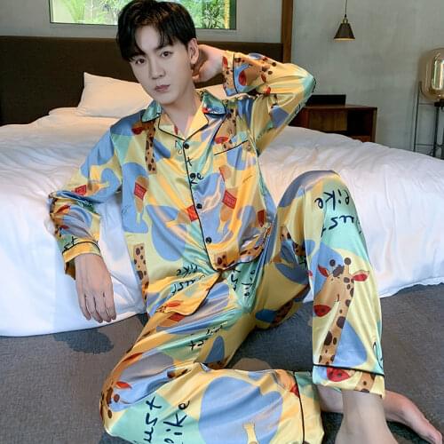 Silk Mens Pajamas Set Autumn Elastic Waist Men Sleepwear Silk Mens pyjamas Long Sleeve Nightwear Print Long Pant Homewear Set