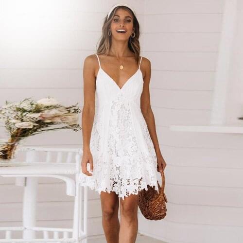 Sexy White Dress Womens Spaghetti With Lace Mini Dress Deep Open Back Lace Party Beach Sling 2021 Dresses Fashion